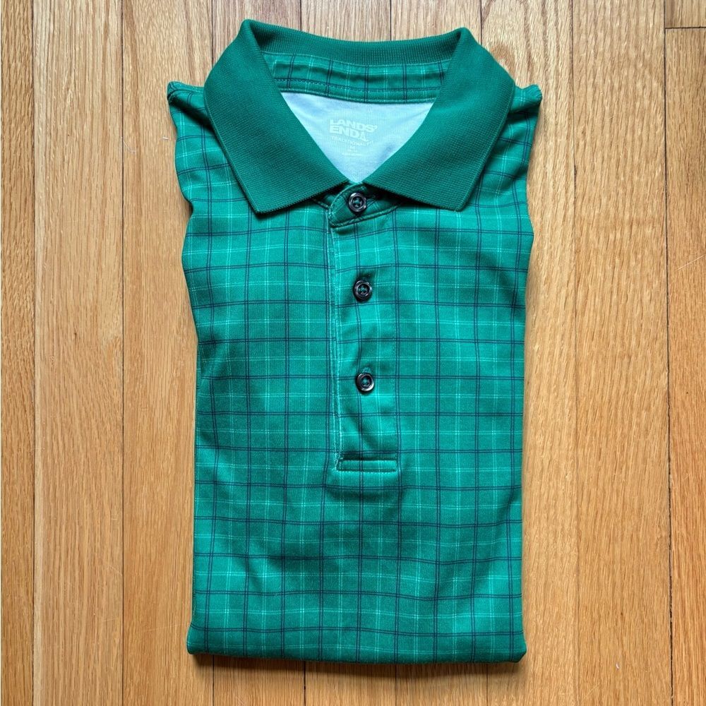 Lands’ End Men’s Long Sleeve Cotton Polo Shirt Medium Green Blue White Plaid
